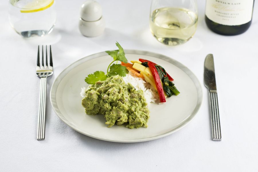 Thai green chicken curry, with Asian vegetables and steamed rice